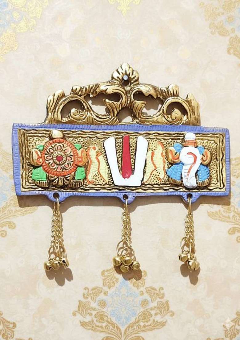 Battlepoint Tirupati Balaji Door Hanging Shankh Chakra Namah Latkan For Home Gift Idol Decorative Showpiece - 16 Cm(Metal Multicolor) - Indya