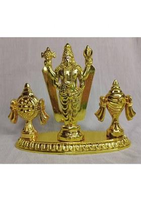 Mahig Enterprises Tirupati Balaji Idol Shri Venkateshwara Statue Shankh Chakra Govinda Narayana Decorative Showpiece - 8 Cm(Metal Gold)