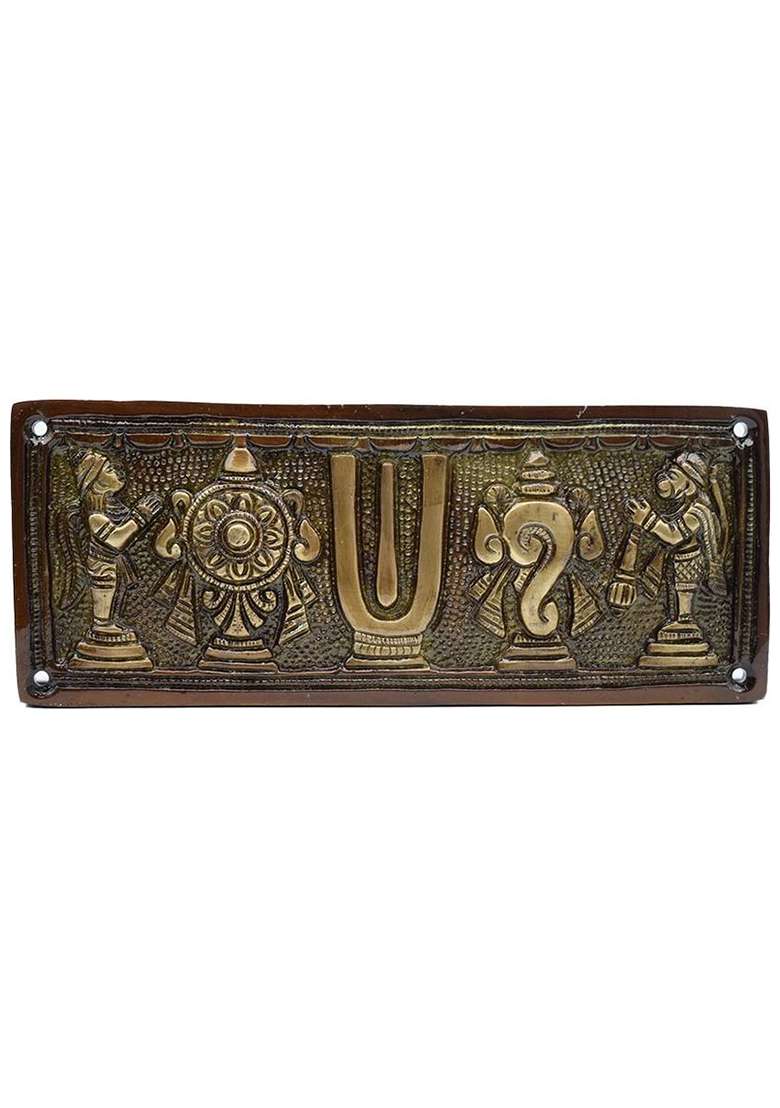 Dalvkot Tirupati Balaji Shanku Chakra Namam Plate For Wall Hanging And Main Door Decorative Showpiece - 8 Cm(Brass Gold) - Indya