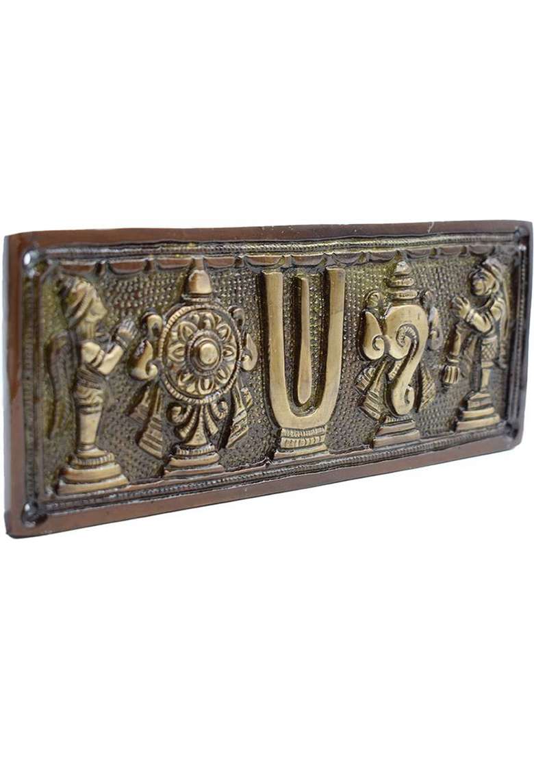 Dalvkot Tirupati Balaji Shanku Chakra Namam Plate For Wall Hanging And Main Door Decorative Showpiece - 8 Cm(Brass Gold) - Indya