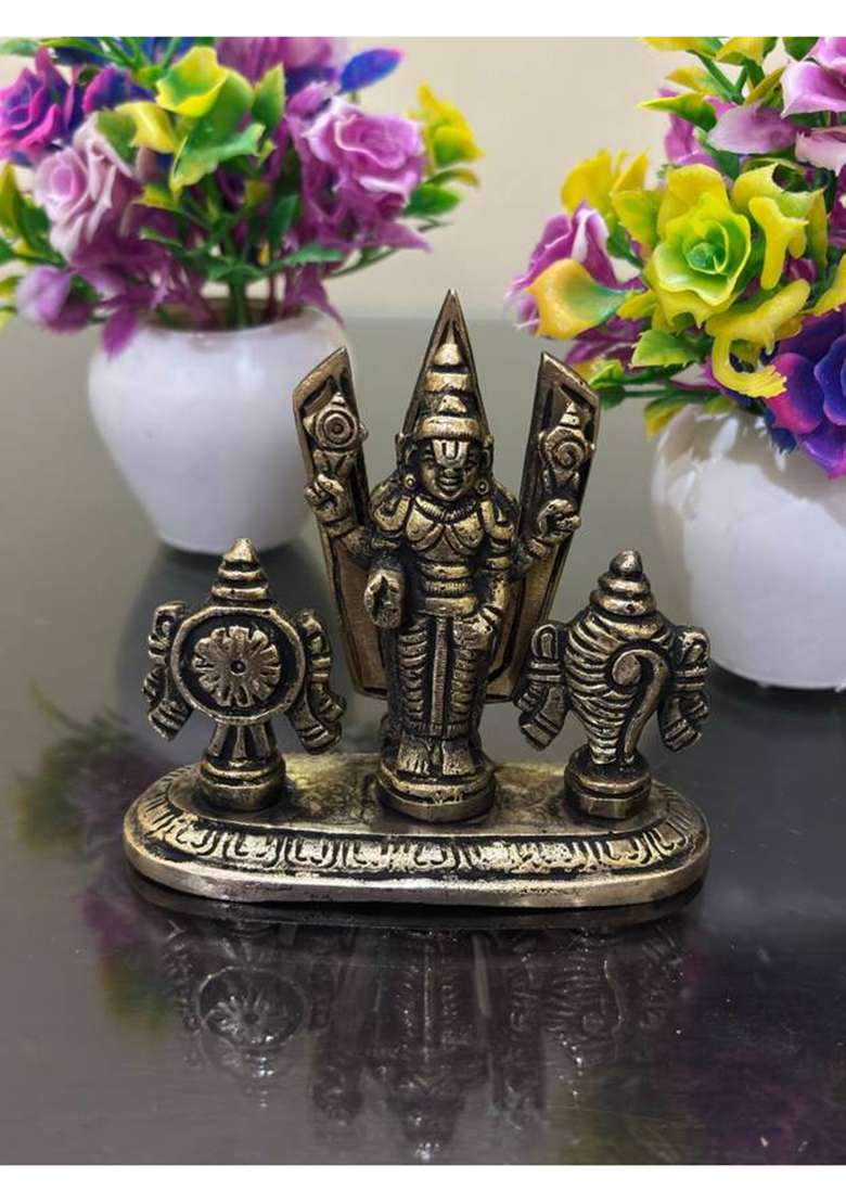 Buy N Relax Antique Finish Lord Balaji Idol With Shankh Chakra Metal Temple Idol 10 Cm Decorative Showpiece - 10 Cm(Brass Gold) - Indya