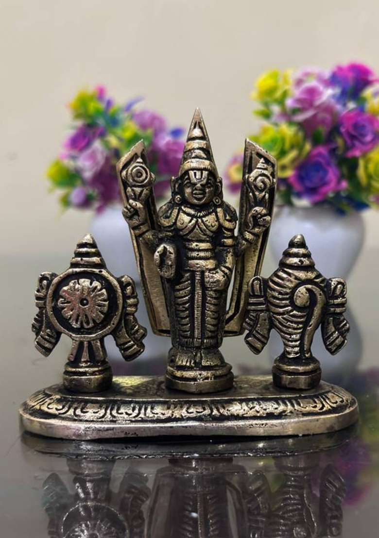 Buy N Relax Antique Finish Lord Balaji Idol With Shankh Chakra Metal Temple Idol 10 Cm Decorative Showpiece - 10 Cm(Brass Gold) - Indya