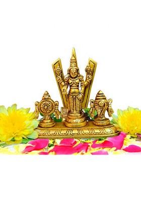 Aalayam Selveer Shankh Chakra Stand Perumal Idol Small Sangu Chakram Stand Tirupati Balaji Brass Decorative Showpiece - 9 Cm(Brass Gold)