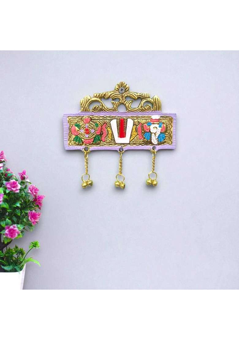 Worldofcraft Shankh Chakra Tilak Tirupati Balaji Wall Hanging Gold Plated & Multicolour Decorative Showpiece - 15 Cm(Metal Gold) - Indya