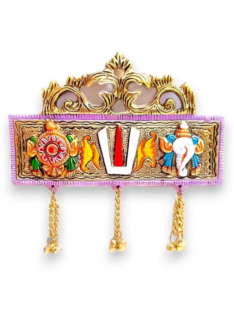 Worldofcraft Shankh Chakra Tilak Tirupati Balaji Wall Hanging Gold Plated & Multicolour Decorative Showpiece - 15 Cm(Metal Gold) - Indya