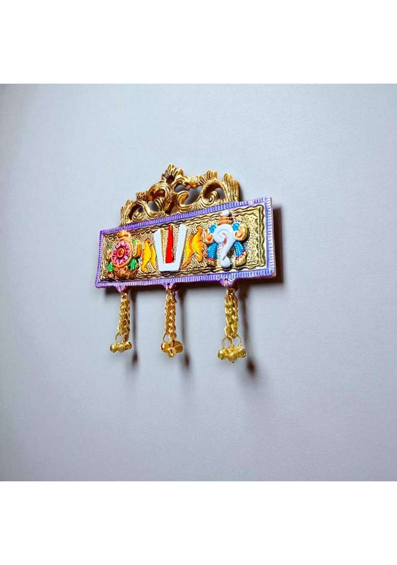 Worldofcraft Shankh Chakra Tilak Tirupati Balaji Wall Hanging Gold Plated & Multicolour Decorative Showpiece - 15 Cm(Metal Gold) - Indya