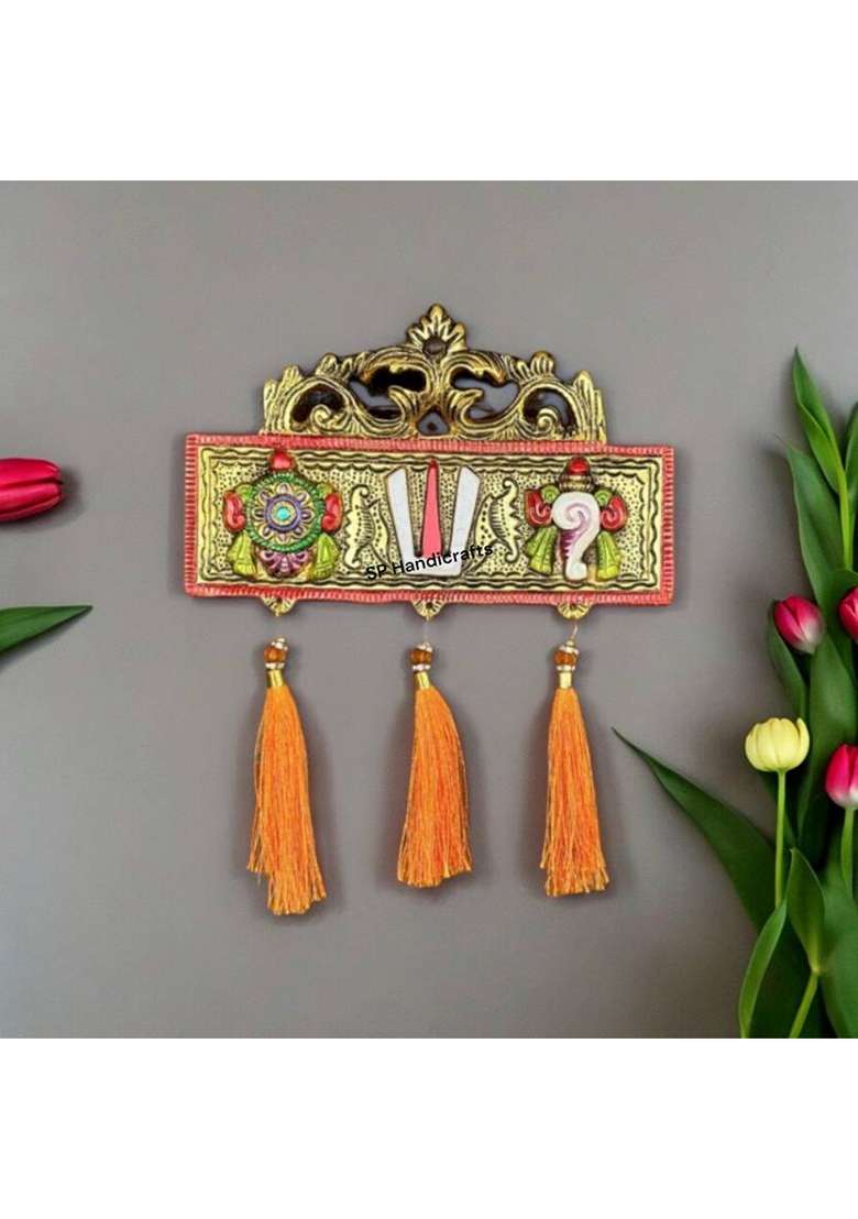 Sp Handicrafts Tirupati Door Hanging Shankh Chakra Namah Latkan Colour Decorative Showpiece - 15 Cm(Aluminium Gold Multicolor) - Indya