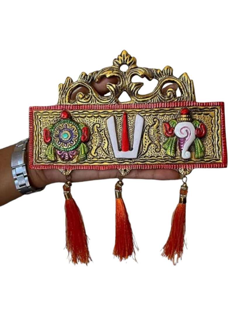 Sp Handicrafts Tirupati Door Hanging Shankh Chakra Namah Latkan Colour Decorative Showpiece - 15 Cm(Aluminium Gold Multicolor) - Indya