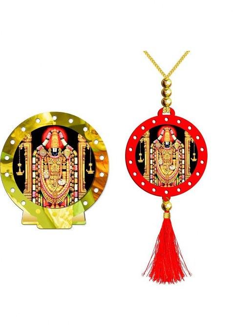 Giftsrange Tirupati Balaji Perumal Gold Car Dashboard Idol & Red Car Hanging (Set Of 2) Decorative Showpiece - 20 Cm(Plastic Multicolor Gold)