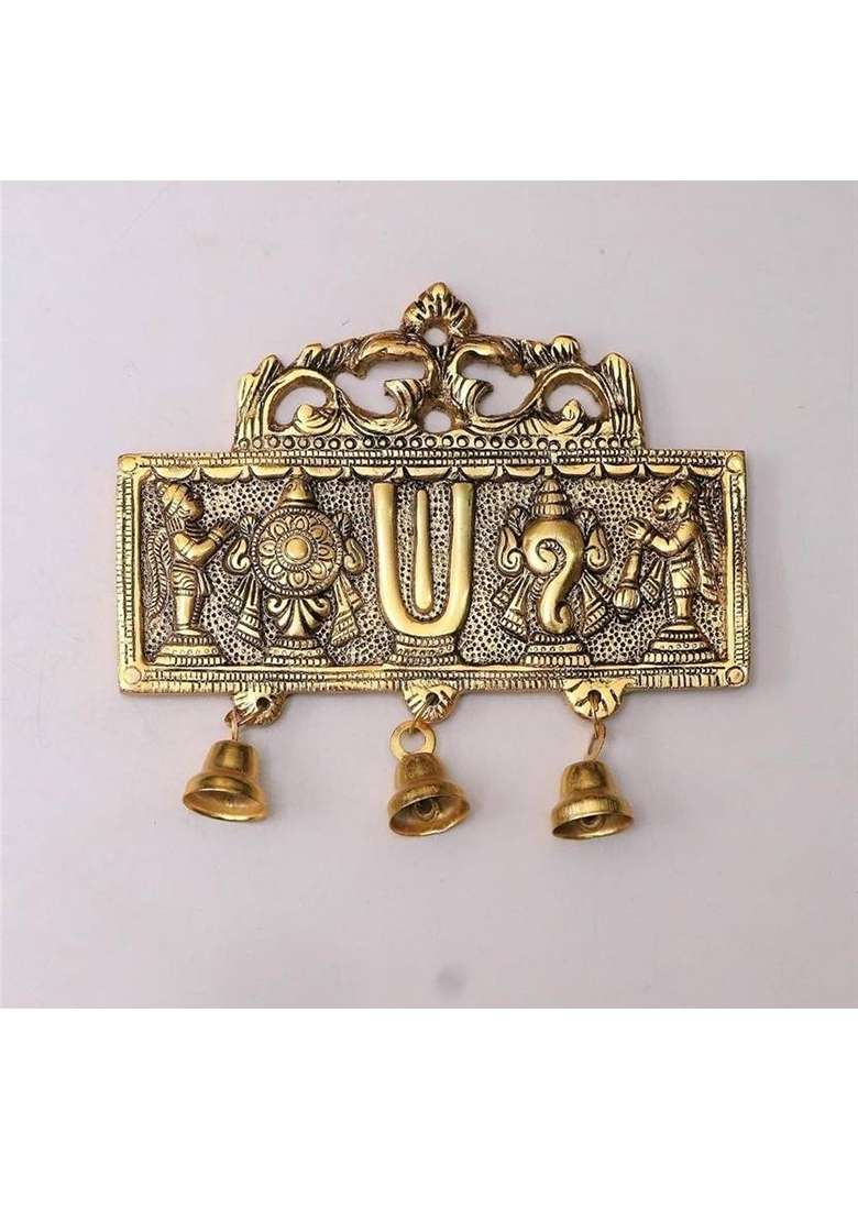 Rrbattlepoint Tirupati Balaji Door Hanging Shankh Chakra Namah Latkan For Home Gift Idol Decorative Showpiece - 20 Cm(Metal Gold) - Indya