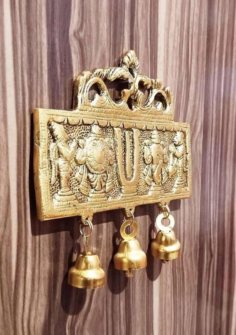 Rrbattlepoint Tirupati Balaji Door Hanging Shankh Chakra Namah Latkan For Home Gift Idol Decorative Showpiece - 20 Cm(Metal Gold) - Indya