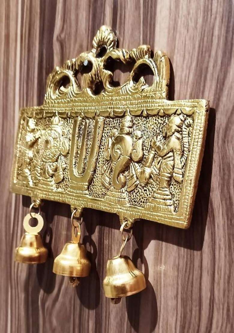 Rrbattlepoint Tirupati Balaji Door Hanging Shankh Chakra Namah Latkan For Home Gift Idol Decorative Showpiece - 20 Cm(Metal Gold) - Indya