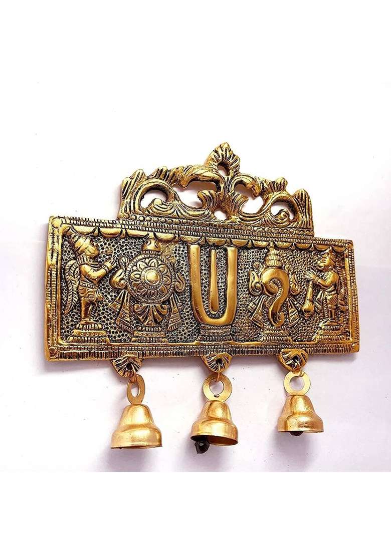 Rrbattlepoint Tirupati Balaji Door Hanging Shankh Chakra Namah Latkan For Home Gift Idol Decorative Showpiece - 20 Cm(Metal Gold) - Indya