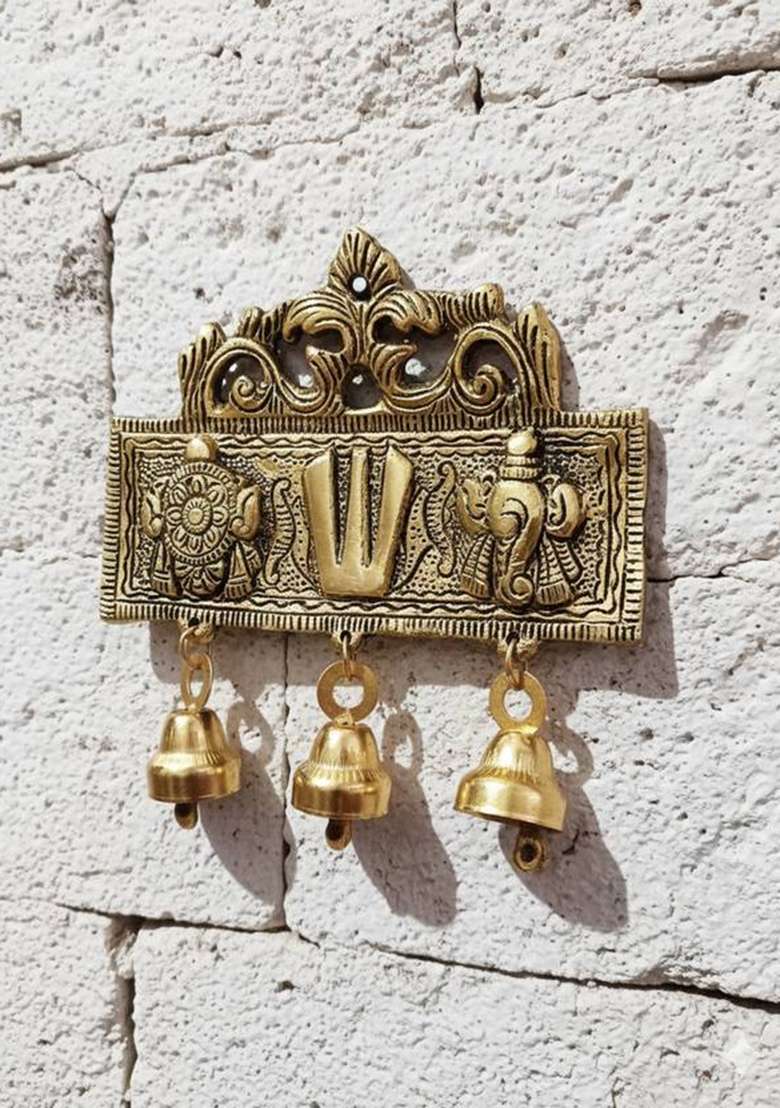 Battlepoint Tirupati Balaji Door Hanging Shankh Chakra Namah Latkan For HomeGift Idol Decorative Showpiece - 15 Cm(Metal Gold) - Indya