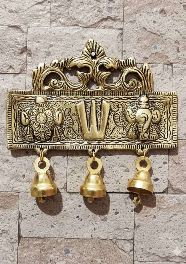 Battlepoint Tirupati Balaji Door Hanging Shankh Chakra Namah Latkan For HomeGift Idol Decorative Showpiece - 15 Cm(Metal Gold) - Indya