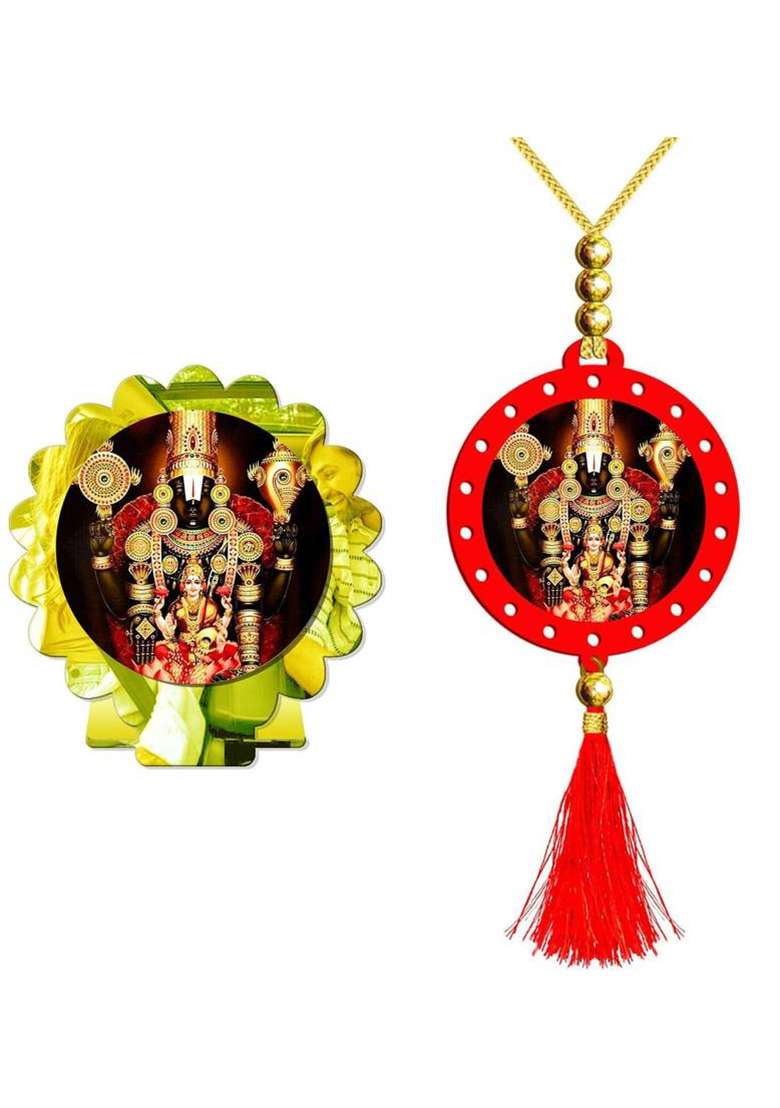 Giftsrange Tirupati Balaji Perumal Gold Car Dashboard Idol & Red Car Hanging (Set Of 2) Decorative Showpiece - 20 Cm(Plastic Multicolor Gold) - Indya