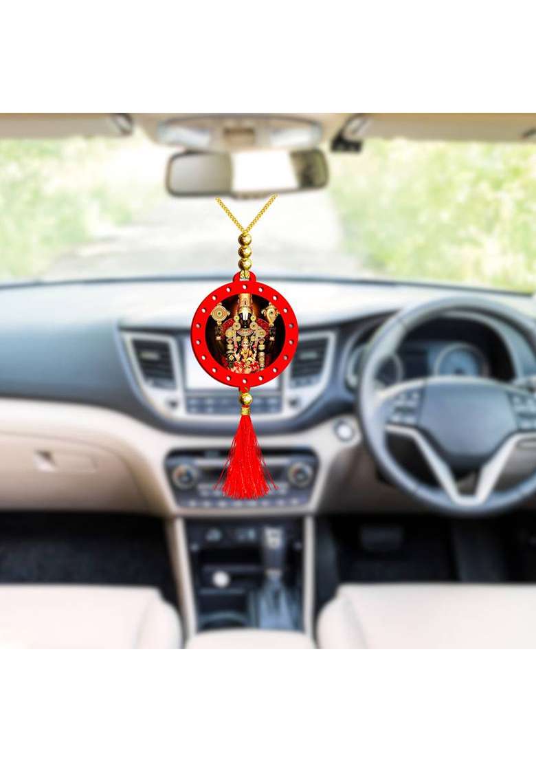 Giftsrange Tirupati Balaji Perumal Gold Car Dashboard Idol & Red Car Hanging (Set Of 2) Decorative Showpiece - 20 Cm(Plastic Multicolor Gold) - Indya