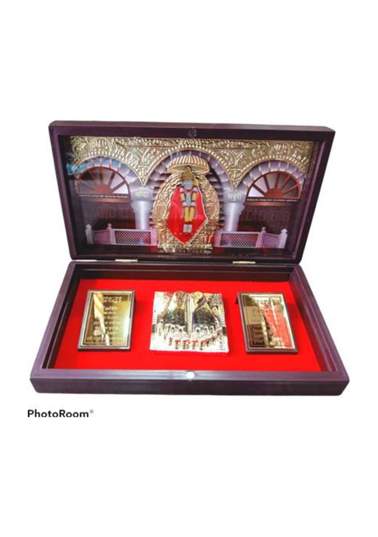 Saichha Gifts Shirdi Sai Baba Charan Gift Box Wooden Momento Decorative Showpiece - 21 Cm(Wood Gold Plated Gold) - Indya