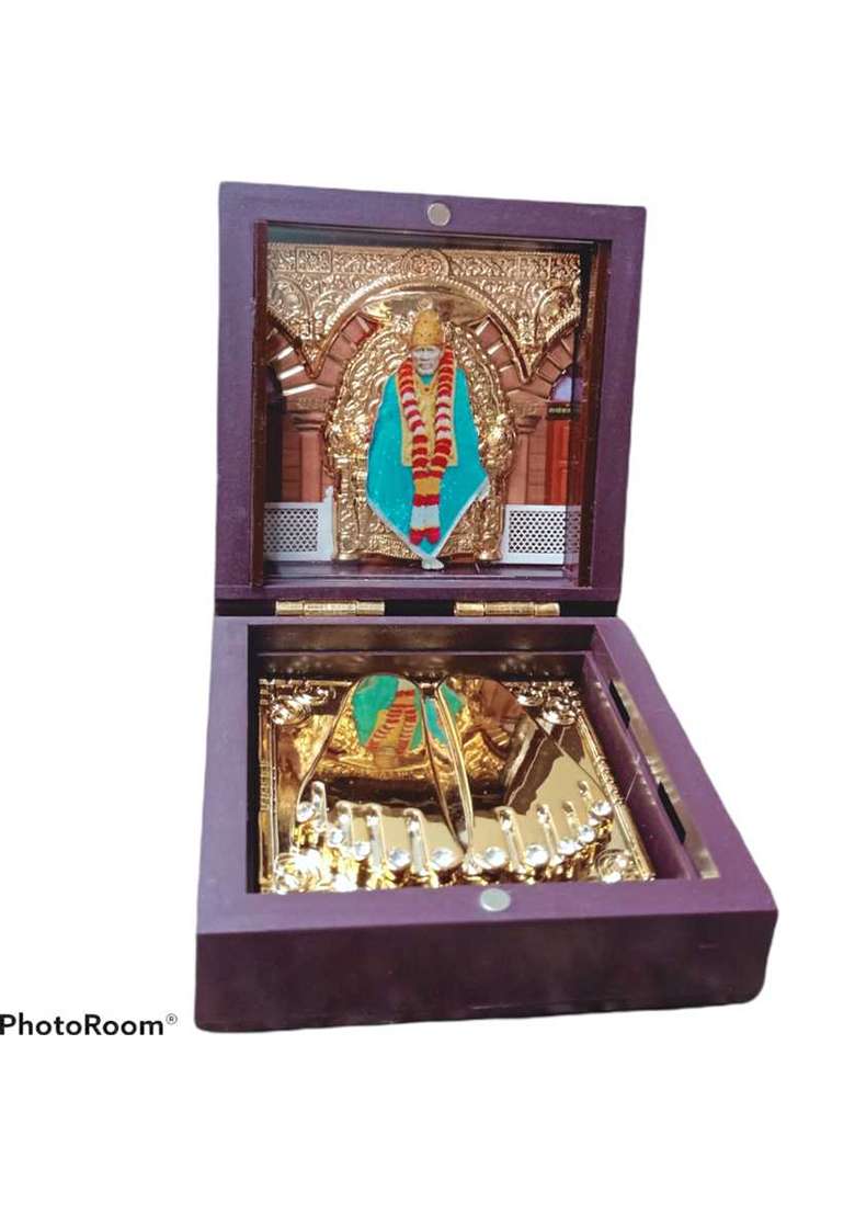 Saichha Gifts Shirdi Sai Baba Charan Gift Box Wooden Momento Decorative Showpiece - 21 Cm(Wood Gold Plated Gold) - Indya