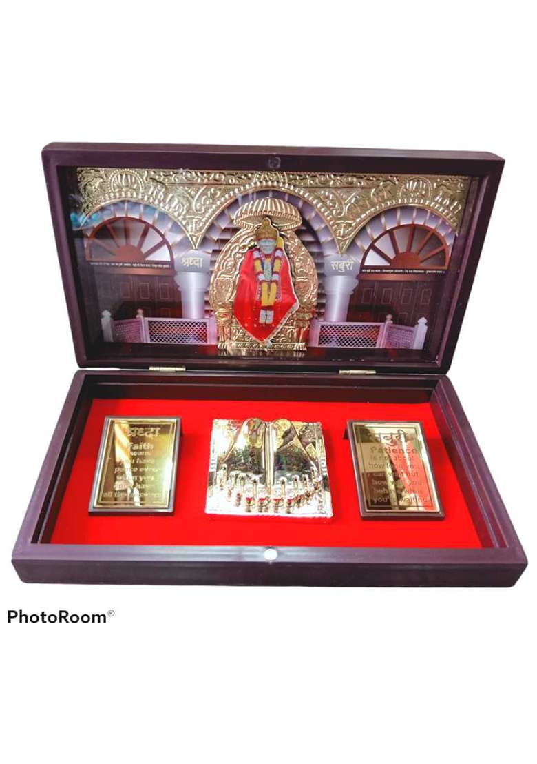 Saichha Gifts Shirdi Sai Baba Charan Gift Box Wooden Momento Decorative Showpiece - 21 Cm(Wood Gold Plated Gold) - Indya