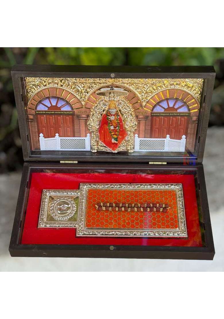 Saichha Gifts Shirdi Sai Baba Charan Gift Box Wooden Momento Decorative Showpiece - 21 Cm(Wood Gold Plated Gold) - Indya