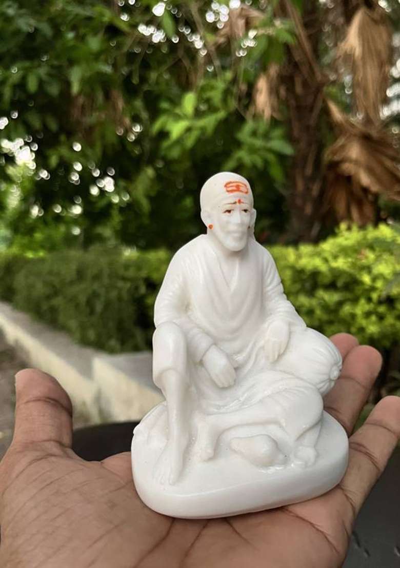 Om Gifts Sai Baba Dwarkamai Idol Decorative Showpiece - 11 Cm(Marble Polyresin White) - Indya