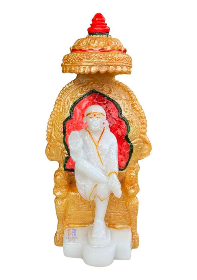 Saichha Gifts Statue Of Lord Saibaba Singhasan Murti Shirdi Sainath Idol For Blessings Decorative Showpiece - 14 Cm(Marble White) - Indya