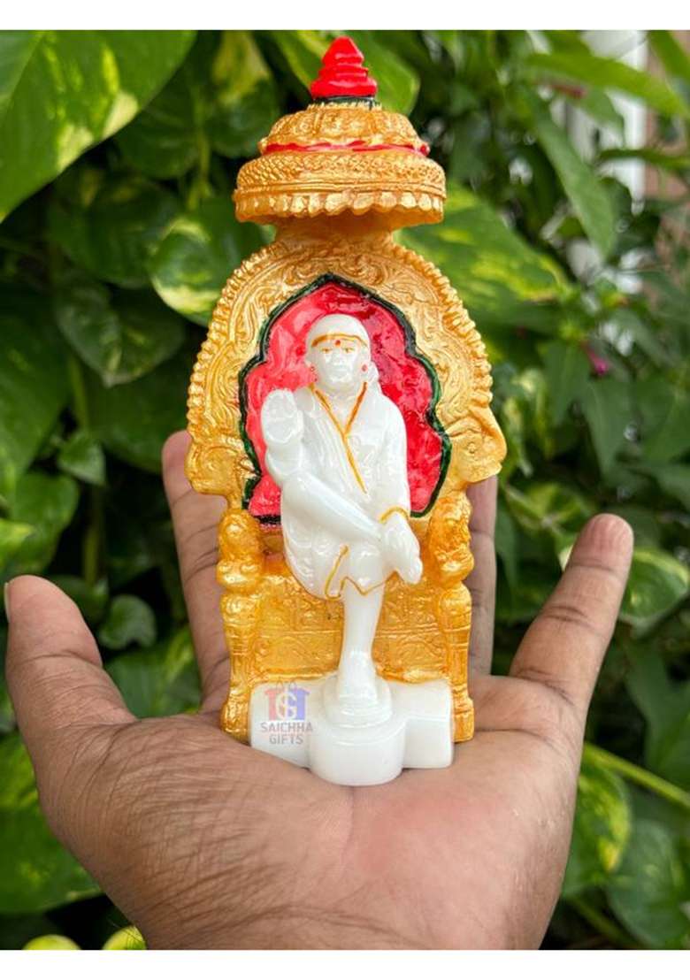 Saichha Gifts Statue Of Lord Saibaba Singhasan Murti Shirdi Sainath Idol For Blessings Decorative Showpiece - 14 Cm(Marble White) - Indya