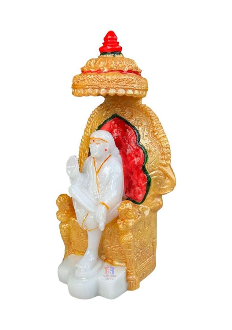 Saichha Gifts Statue Of Lord Saibaba Singhasan Murti Shirdi Sainath Idol For Blessings Decorative Showpiece - 14 Cm(Marble White) - Indya