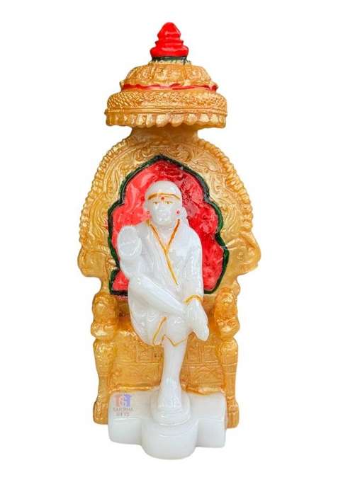 Saichha Gifts Statue Of Lord Saibaba Singhasan Murti Shirdi Sainath Idol For Blessings Decorative Showpiece - 14 Cm(Marble White)