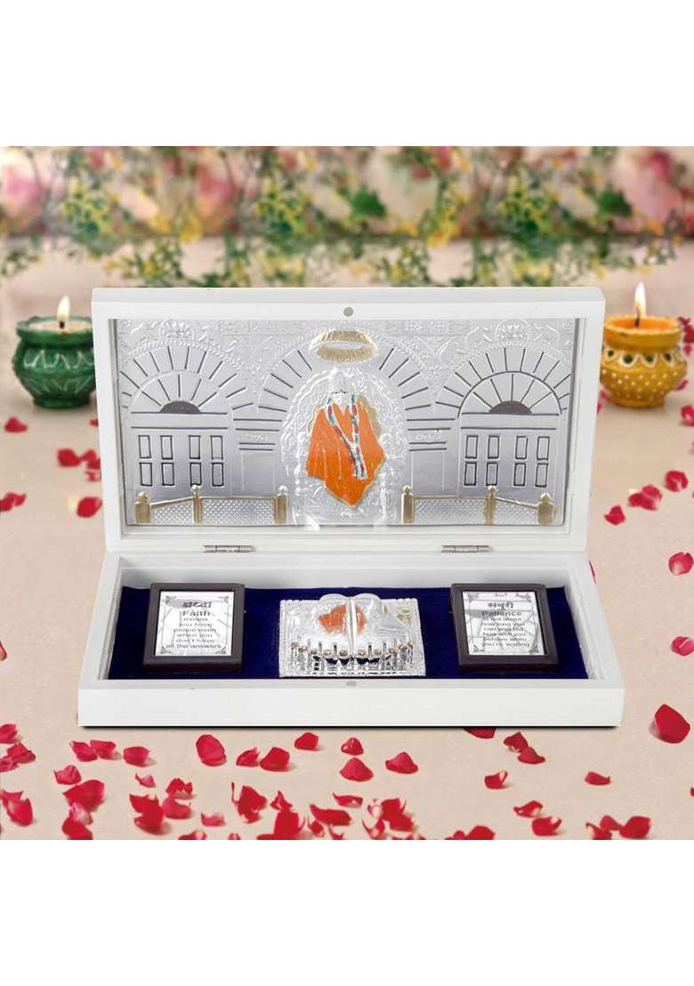 International Gift Silver Plated Sai Baba Idol Frame Charan Paduka Box For Return Gift Decorative Showpiece - 4 Cm(Gold Plated Silver) - Indya