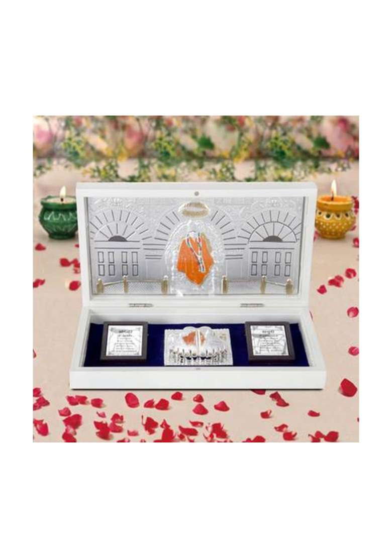 International Gift Silver Plated Sai Baba Idol Frame Charan Paduka Box For Return Gift Decorative Showpiece - 4 Cm(Gold Plated Silver) - Indya