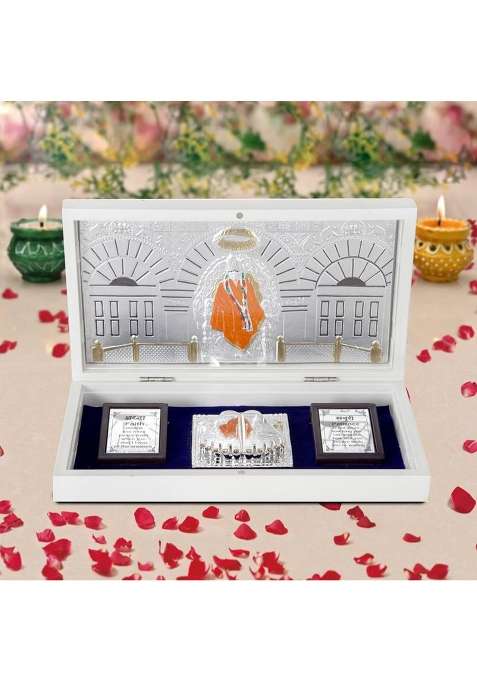International Gift Silver Plated Sai Baba Idol Frame Charan Paduka Box For Return Gift Decorative Showpiece - 4 Cm(Gold Plated Silver)