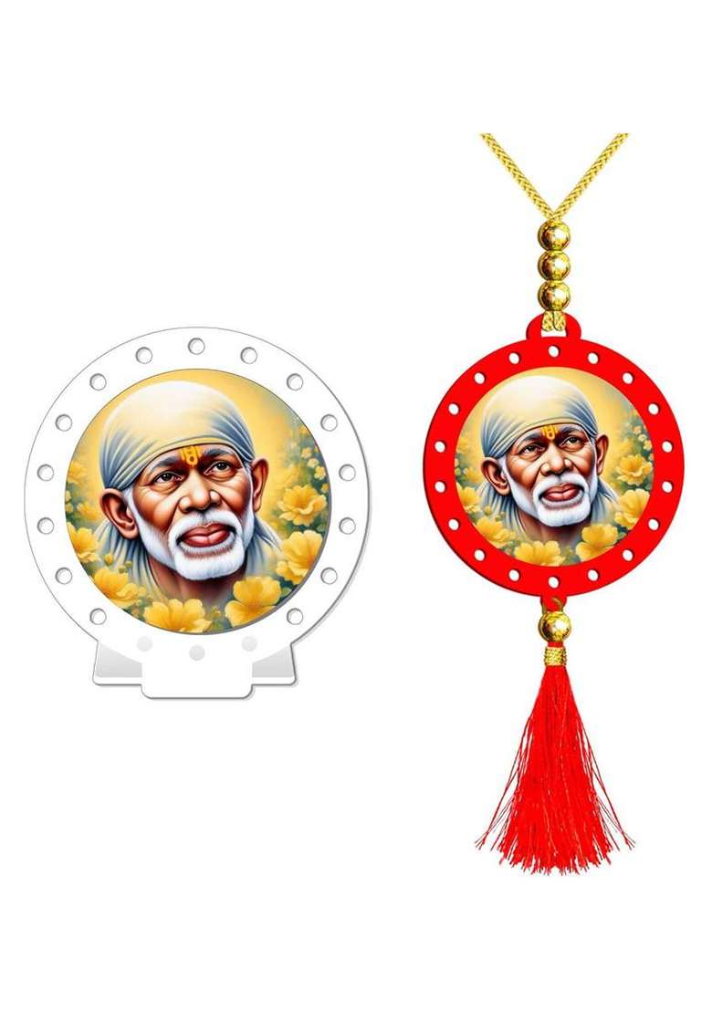 Sanbia Sai Baba Shirdi Sai Baba White Car Dashboard Idol & Car Hanging Decorative Showpiece - 8 Cm(Plastic Multicolor White) - Indya