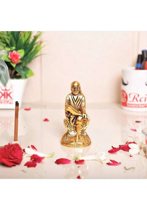 Kridaykraft Shirdi Sai Baba Statue Idol Showpiece For Car Dashboard & HomeOfficeTable Decorative Gift For Have House Warming Birthday... Decorative Showpiece - 11.5 Cm(Metal Gold)