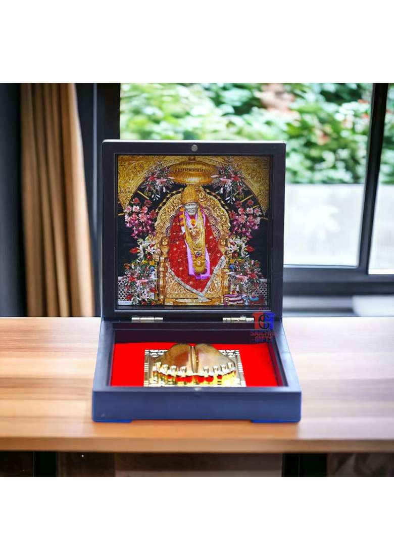 Saichha Gifts Shirdi Sai Baba Photo Frame With Charan Paduka Sadguru Sai Wooden Momento Decorative Showpiece - 12 Cm(Wood Gold Plated Multicolor) - Indya