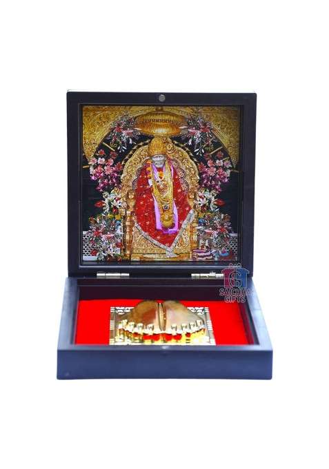 Saichha Gifts Shirdi Sai Baba Photo Frame With Charan Paduka Sadguru Sai Wooden Momento Decorative Showpiece - 12 Cm(Wood Gold Plated Multicolor)