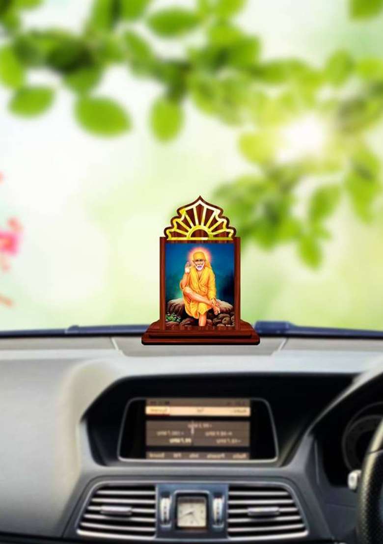Giftsrange Sai Baba Shirdi Sai Baba Car Dashboard Idol Premium Decorative Showpiece - 10.5 Cm(Wood Multicolor) - Indya