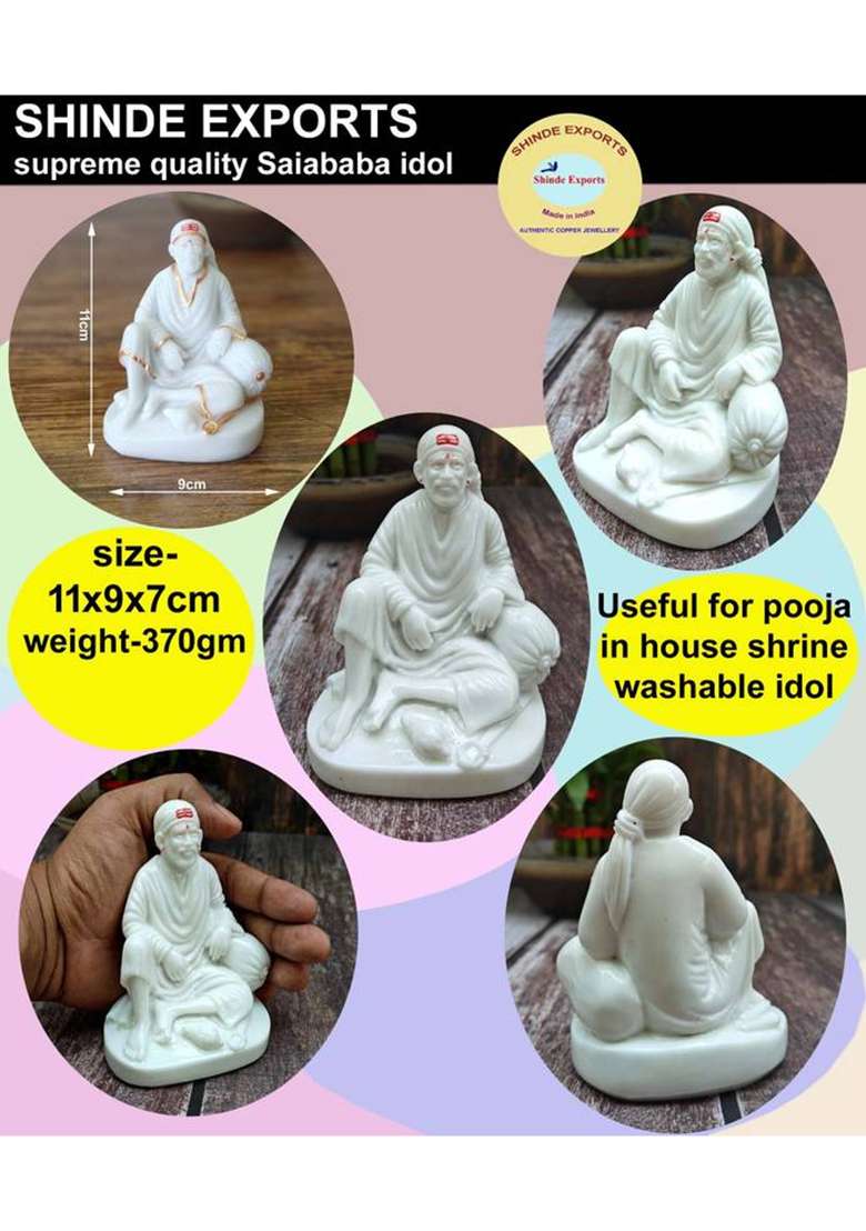 Shinde Exports Shirdi Sai Baba Marble Statue/Idol/Murti For Car Dashboard/Pooja Room Worship Decorative Showpiece - 11 Cm(Marble White) - Indya
