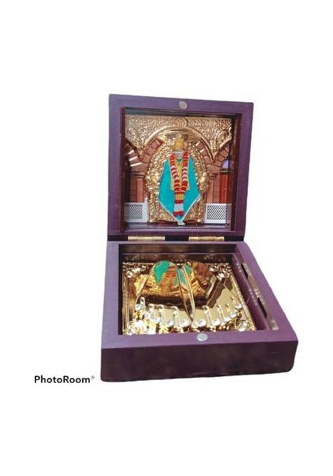 Saichha Gifts Shirdi Sai Baba Charan Paduka Prayer/Gifts Box Decorative Showpiece - 8 Cm(Wood Gold Plated Brown)