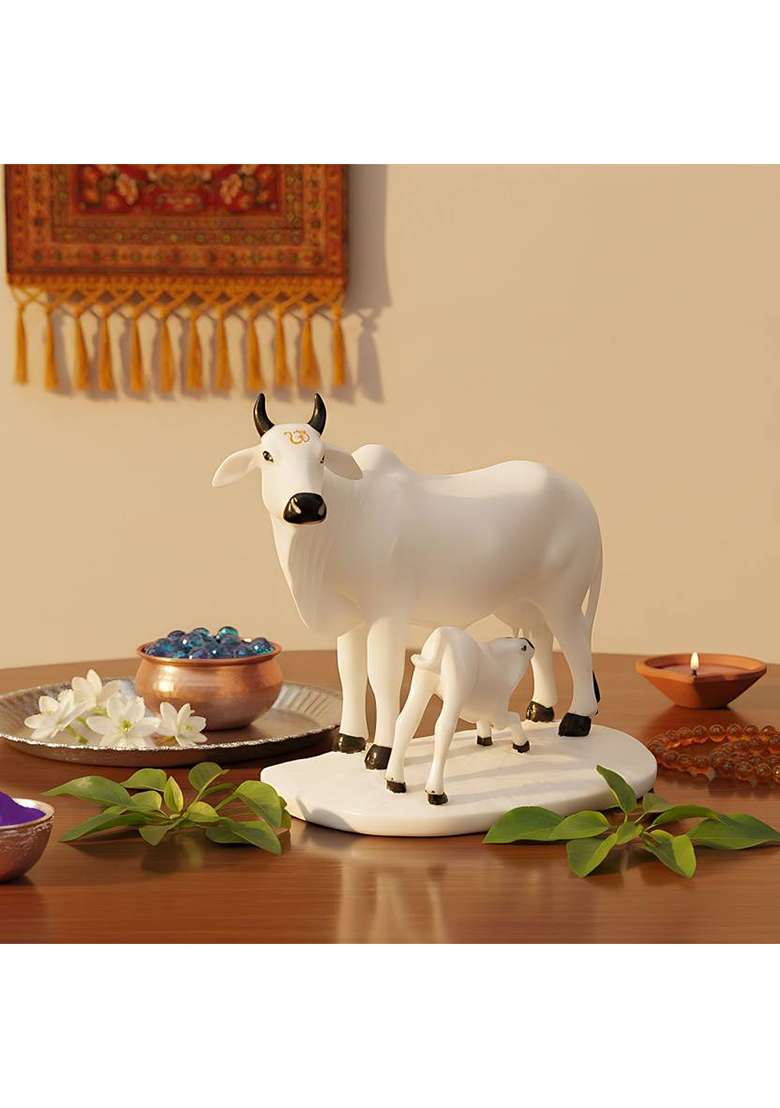 Sai Divyya Cow With Calf Decorative Showpiece - 18 Cm(Marble White) - Indya