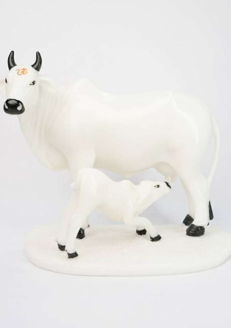 Sai Divyya Cow With Calf Decorative Showpiece - 18 Cm(Marble White) - Indya