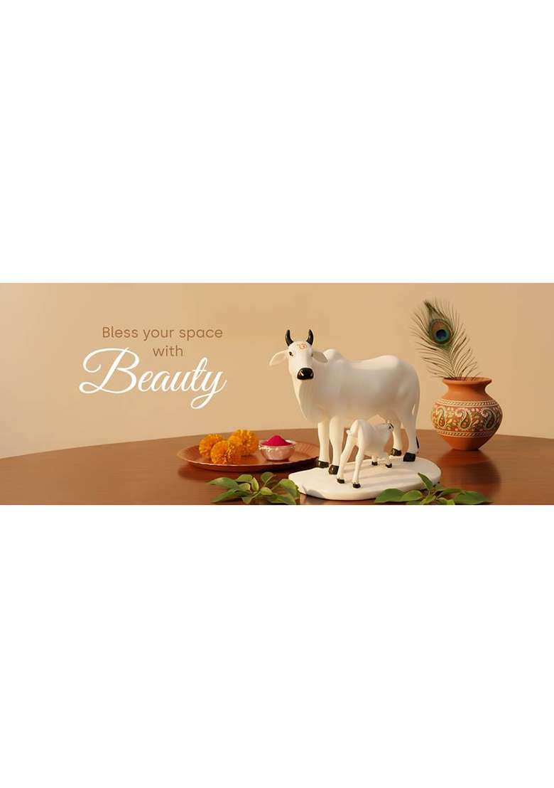Sai Divyya Cow With Calf Decorative Showpiece - 18 Cm(Marble White) - Indya