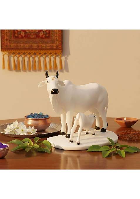 Sai Divyya Cow With Calf Decorative Showpiece - 18 Cm(Marble White)