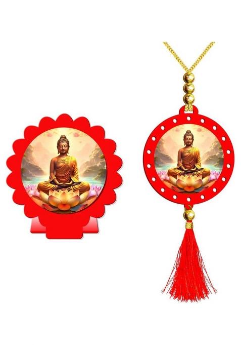 Giftsrange Gautam Buddha Mahavira Red Car Dashboard Idol & Red Car Hanging (Set Of 2) Decorative Showpiece - 20 Cm(Plastic Multicolor Red)