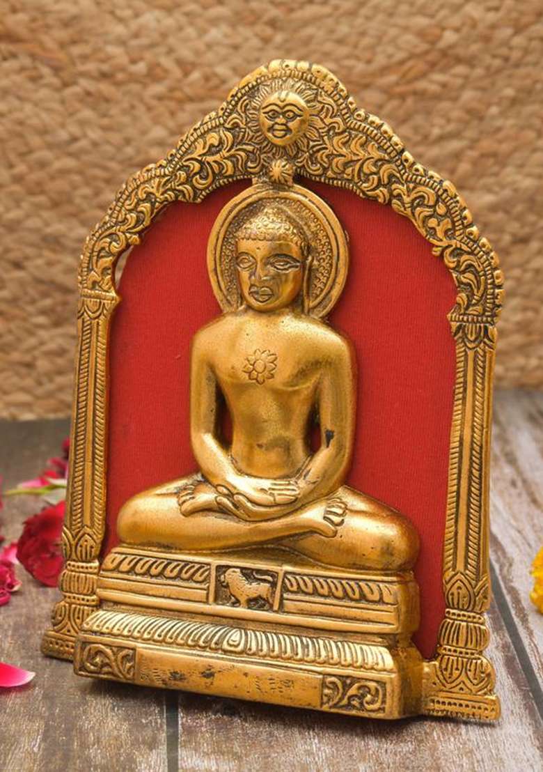 Bhavikaa Metal Mahaveer Swami Idol Statue Frame Wall Hanging(W X H - 16.5 X 20.3 CmGold) Decorative Showpiece - 20.3 Cm(Metal Gold) - Indya