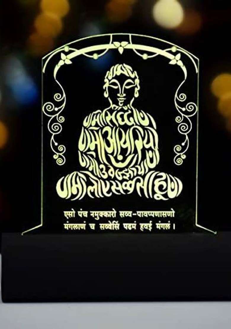 Artistic Gifts 3D Illusion Multicolor Led Mahavir Swami Statue For Car Dashboard Decorative Showpiece - 12.5 Cm(Plastic Light Green) - Indya