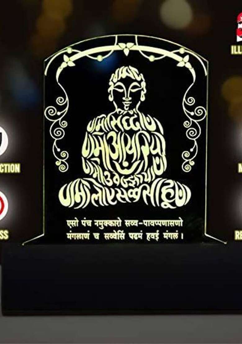 Artistic Gifts 3D Illusion Multicolor Led Mahavir Swami Statue For Car Dashboard Decorative Showpiece - 12.5 Cm(Plastic Light Green) - Indya
