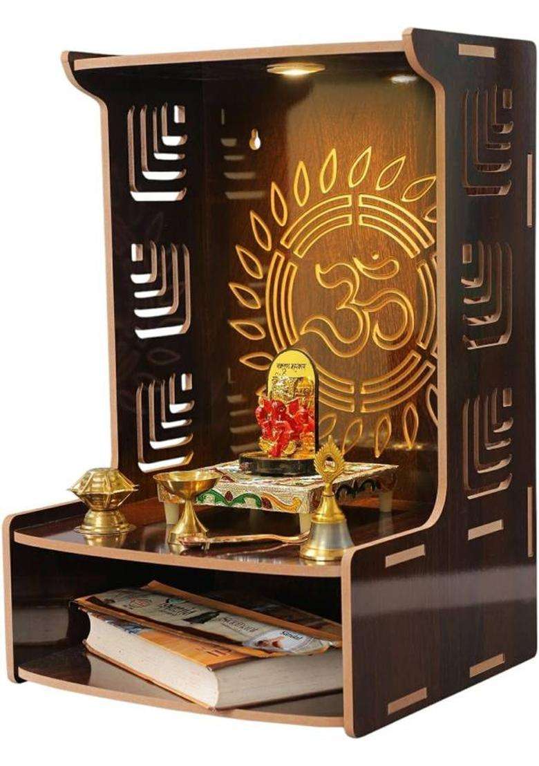 VINTAGECREATION Wooden Temple for Home with Om Design LED Lights Storage ShelfLattice Pattern Engineered Wood Home Temple(Height 39 DIY(Do-It-Yourself)) - Indya
