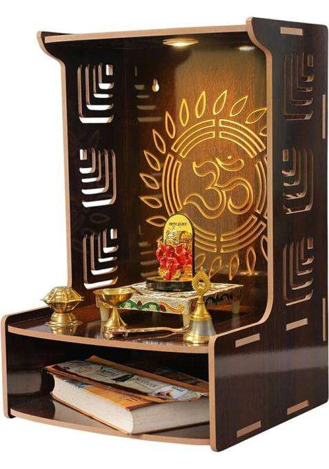 VINTAGECREATION Wooden Temple for Home with Om Design LED Lights Storage ShelfLattice Pattern Engineered Wood Home Temple(Height 39 DIY(Do-It-Yourself))